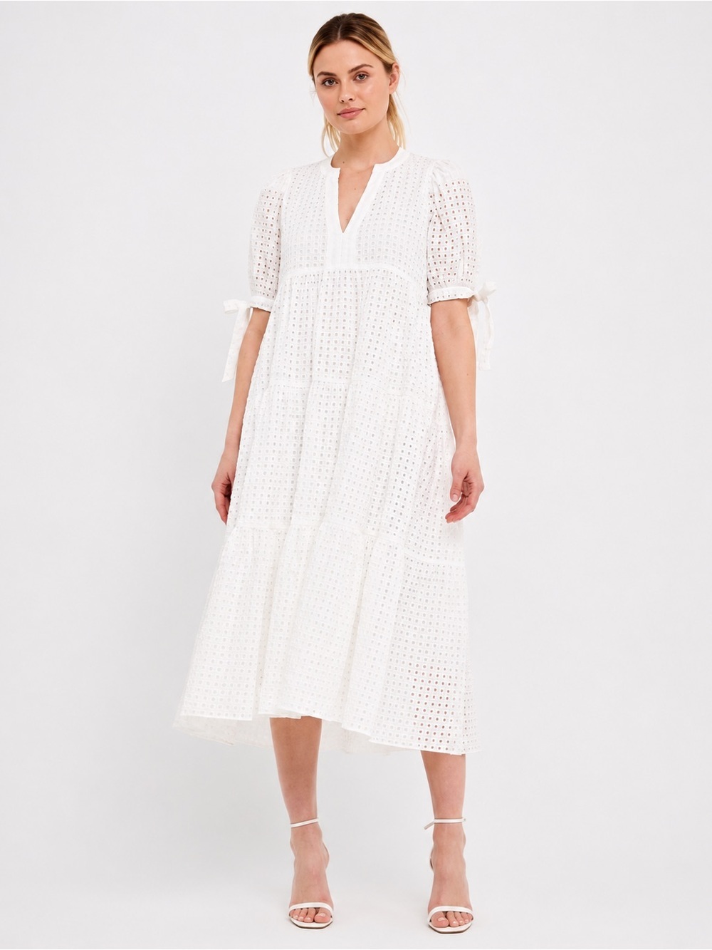 English Factory White Gingham Tiered Midi Dress Bow Tie Sleeves Size Medium